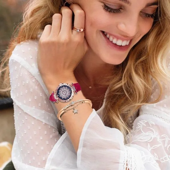 New Red Starry Sky Luxury Leather Strap Rose Gold Sapphire Bracelet Watch Set - Picture 16 of 16